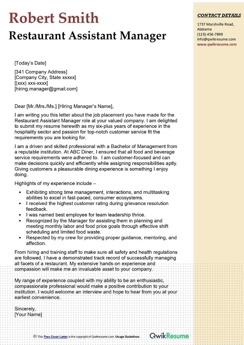 Crafting an Impactful Assistant Restaurant Manager Resume Cover Letter: Tips and Examples