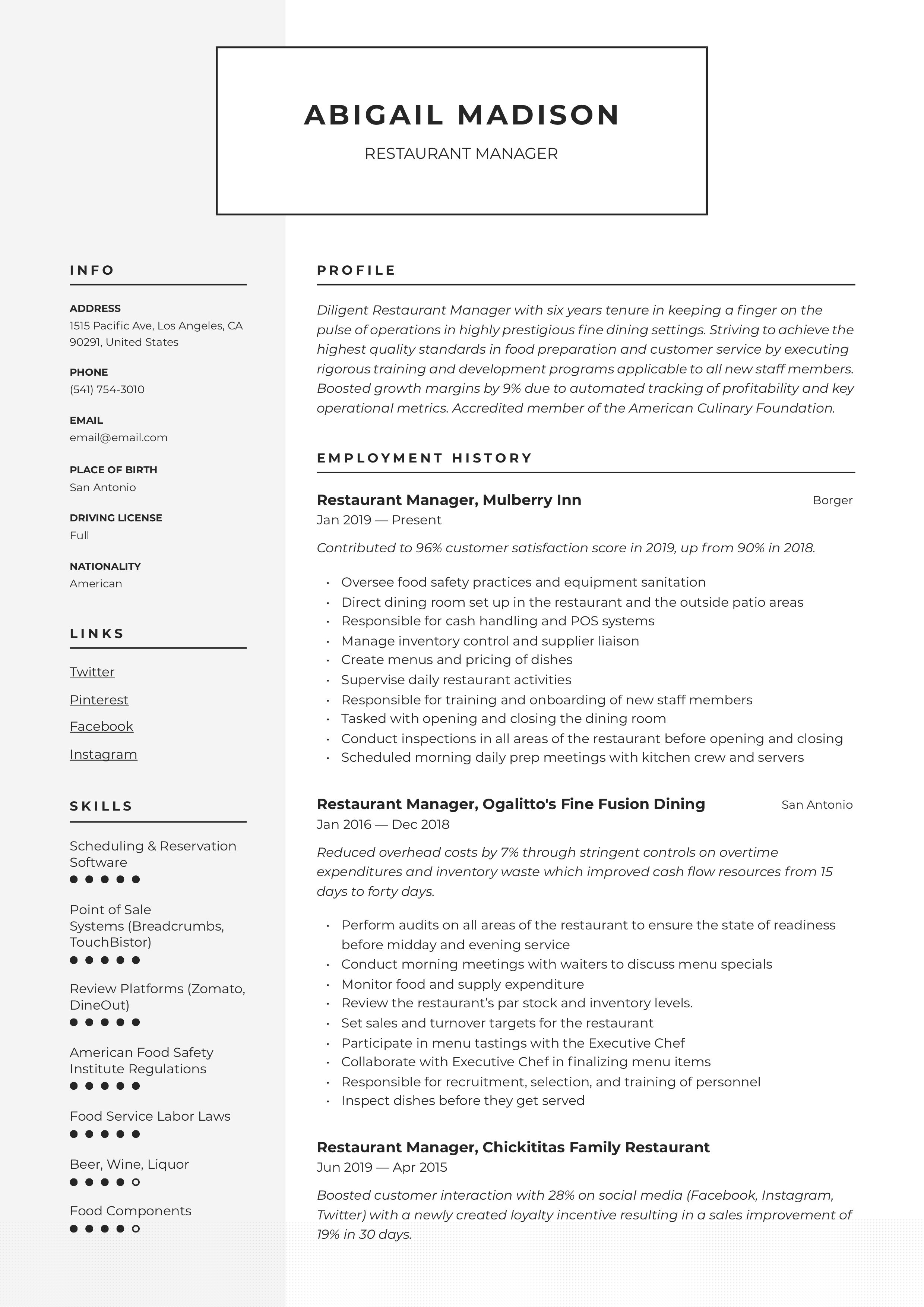 Crafting Your Culinary Career: Restaurant Manager Resume Template Word for Success