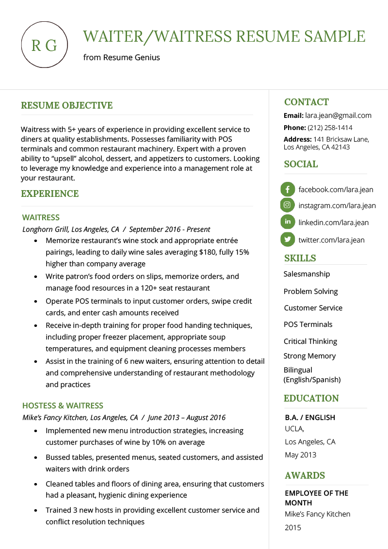 Top Resume Objective Examples Waitress to Land Your Dream Job