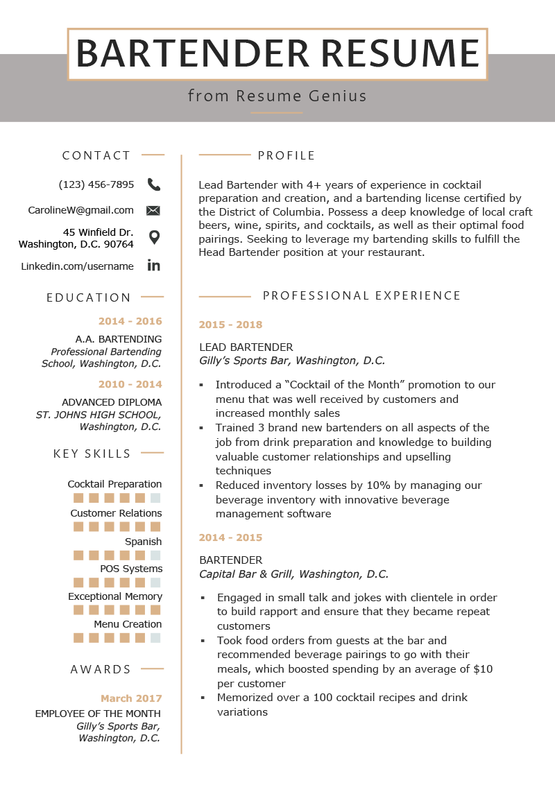 Essential Skills and Experience: What To Put On A Bartender Resume